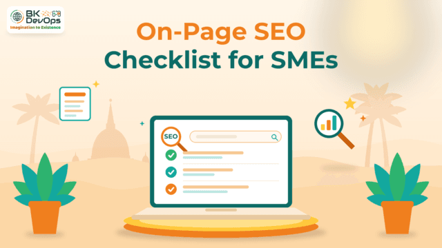 Flat illustration of a laptop showing an SEO search bar and a ticked checklist, in warm orange, yellow and teal, with the title On-Page SEO Checklist for SMEs and the BK DevOps logo
